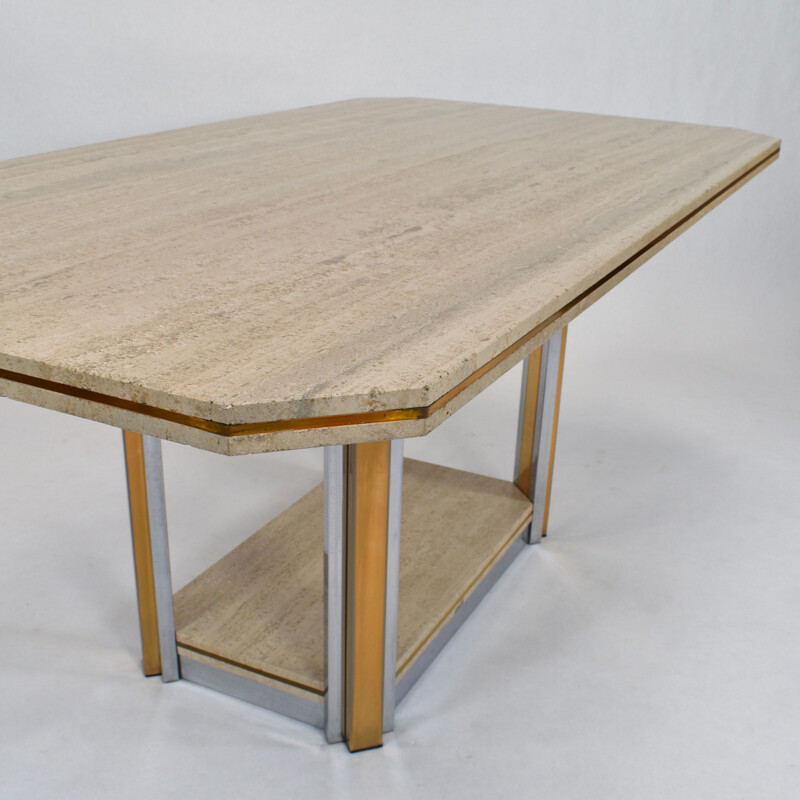 Vintage belgian table in travertine and brass 1970