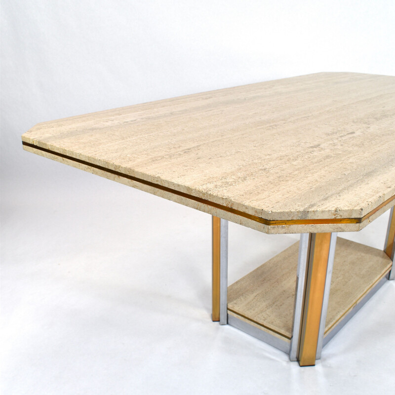 Vintage belgian table in travertine and brass 1970