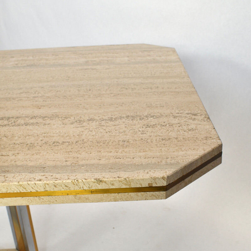 Vintage belgian table in travertine and brass 1970