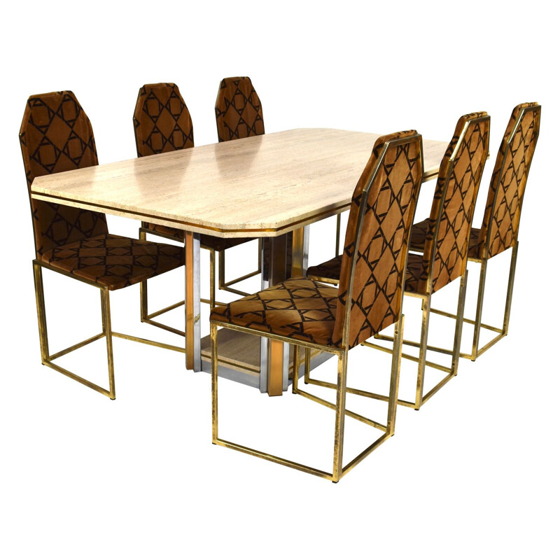 Vintage dining set in travertine and brass 1970