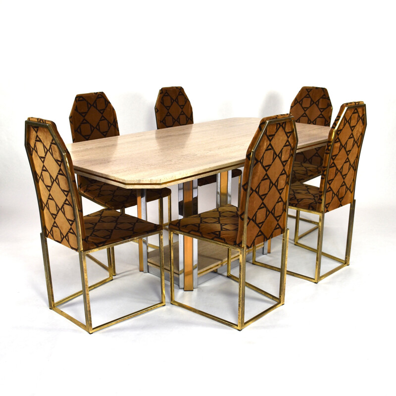 Vintage dining set in travertine and brass 1970