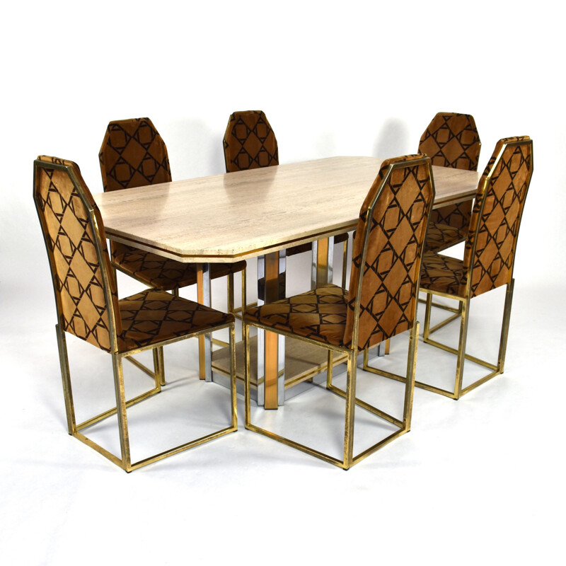 Vintage dining set in travertine and brass 1970