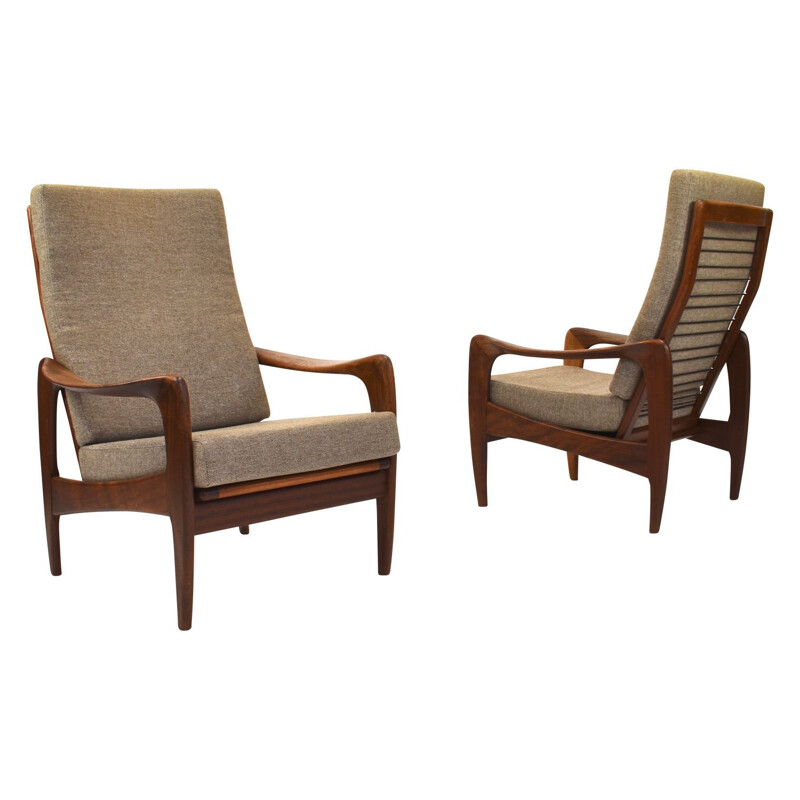 Pair of vintage De Ster Gelderland armchairs in teak and wool fabric