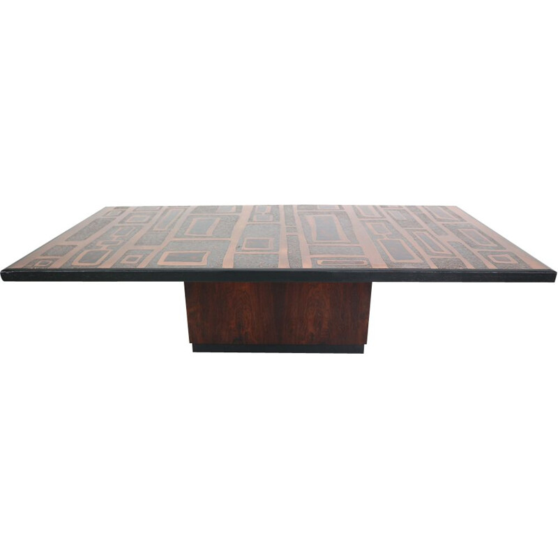 Table basse vintage en palissandre et cuivre