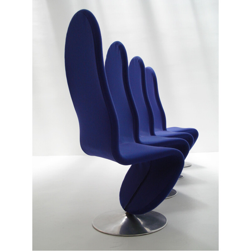 Set of 4 vintage 1-2-3 System Chairs by Verner Panton for Fritz Hansen in steel and blue fabric