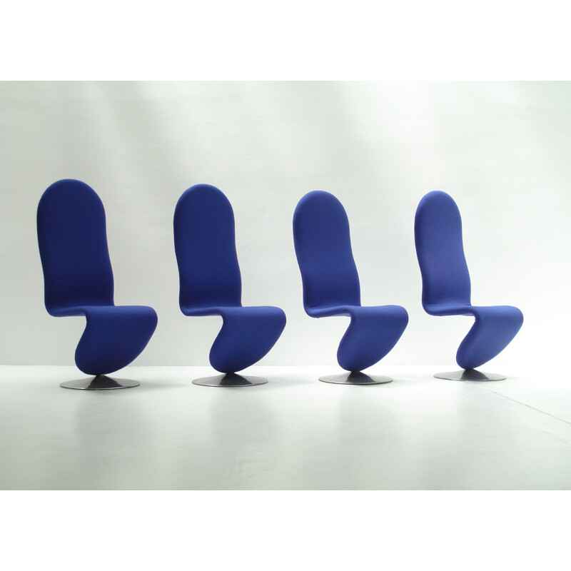 Set of 4 vintage 1-2-3 System Chairs by Verner Panton for Fritz Hansen in steel and blue fabric