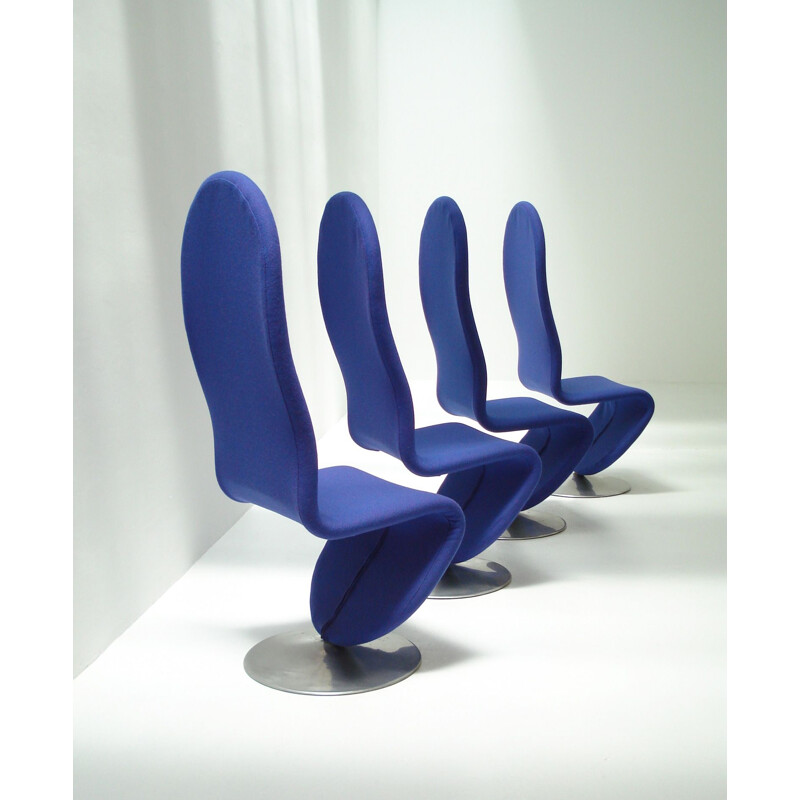 Set of 4 vintage 1-2-3 System Chairs by Verner Panton for Fritz Hansen in steel and blue fabric