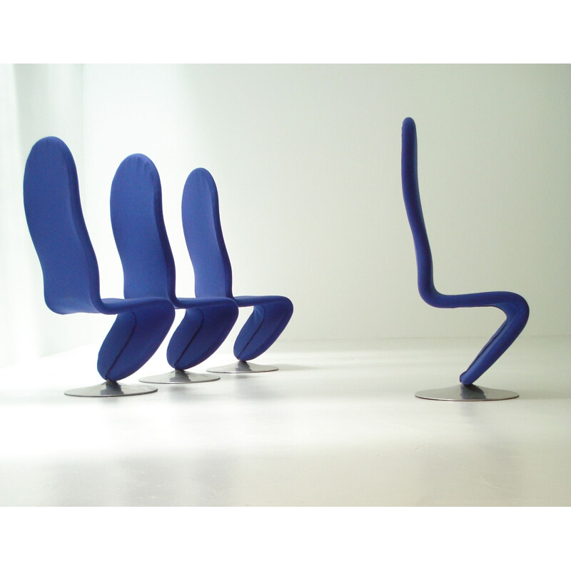 Set of 4 vintage 1-2-3 System Chairs by Verner Panton for Fritz Hansen in steel and blue fabric