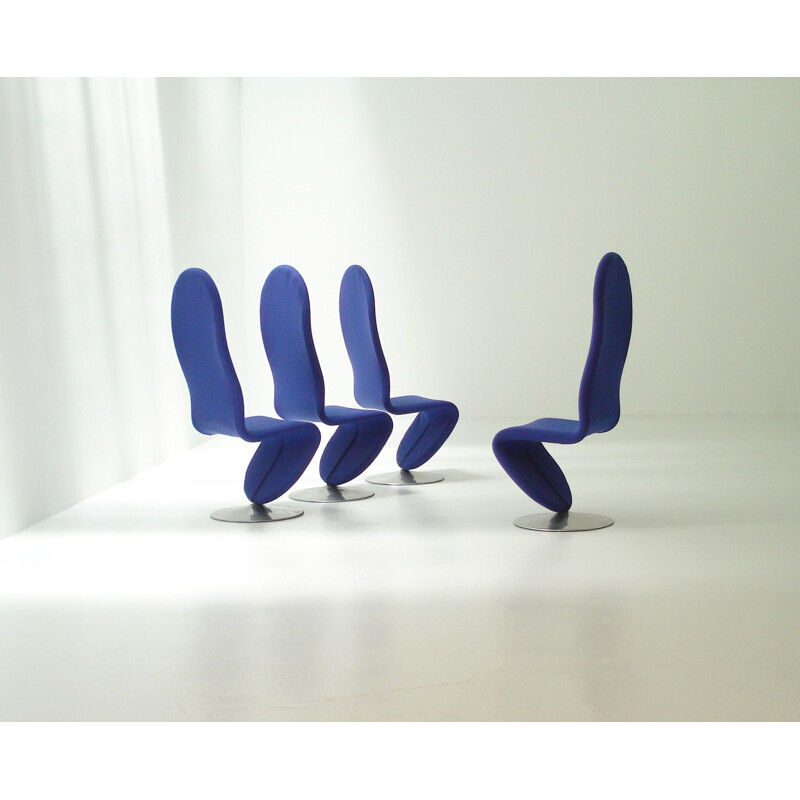 Set of 4 vintage 1-2-3 System Chairs by Verner Panton for Fritz Hansen in steel and blue fabric
