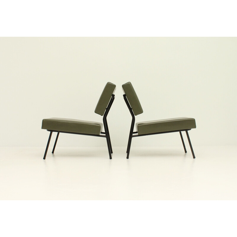 Pair of vintage easy chairs by Guariche for Airborne in metal and green vinyle