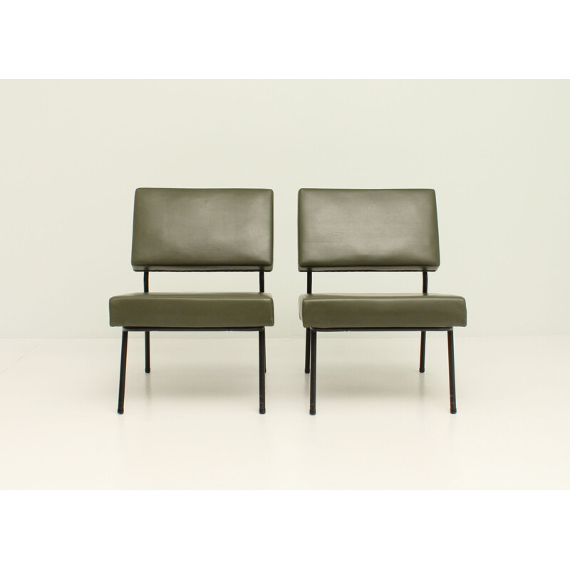 Pair of vintage easy chairs by Guariche for Airborne in metal and green vinyle