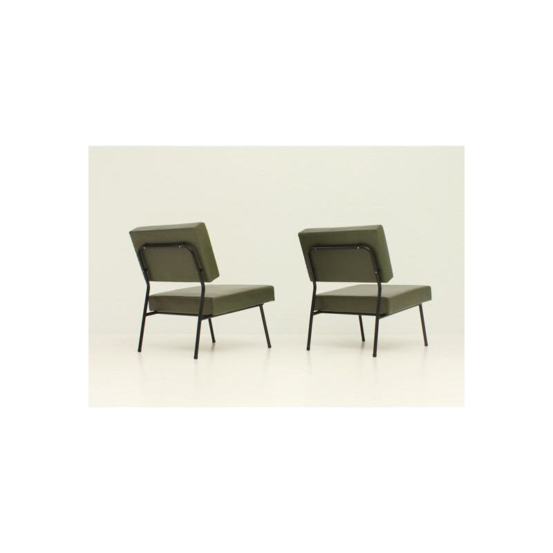 Pair of vintage easy chairs by Guariche for Airborne in metal and green vinyle