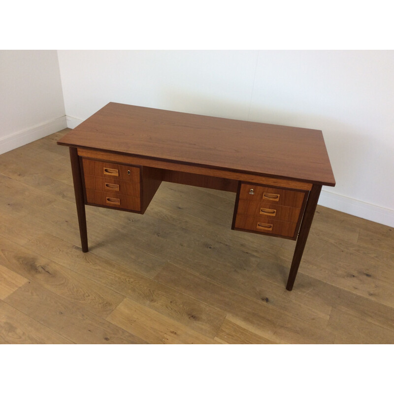 Vintage brown teak desk with 6 drawers 1960