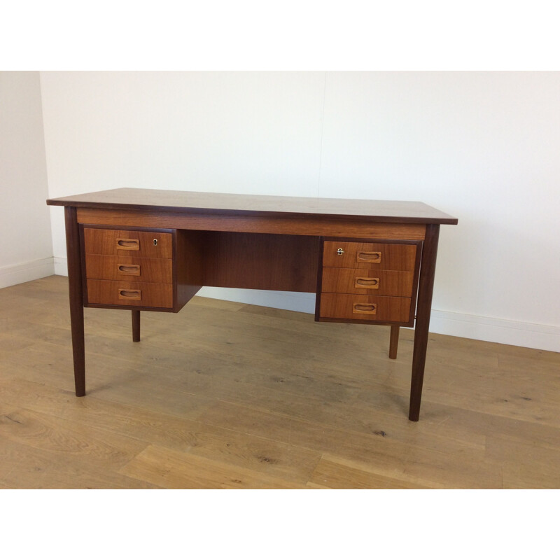 Vintage brown teak desk with 6 drawers 1960