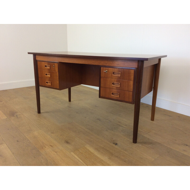 Vintage brown teak desk with 6 drawers 1960