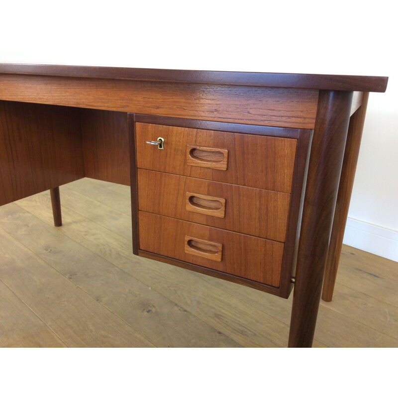 Vintage brown teak desk with 6 drawers 1960