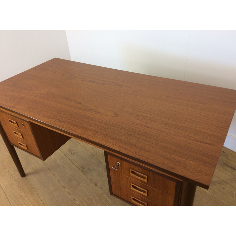 Vintage brown teak desk with 6 drawers 1960