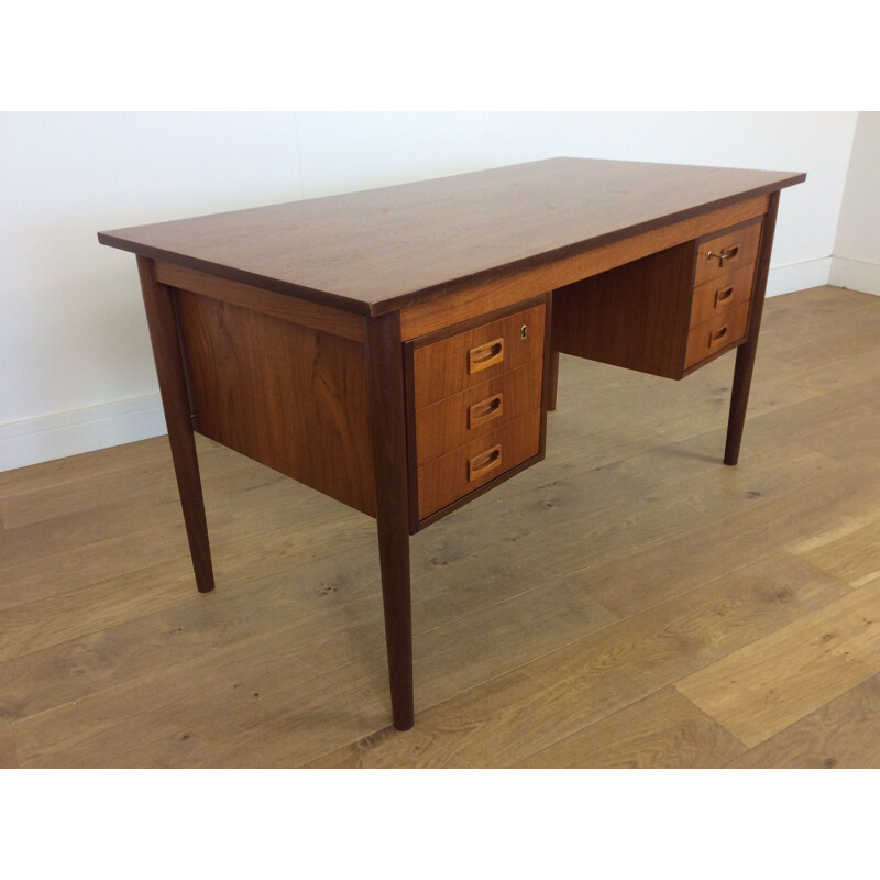 Vintage brown teak desk with 6 drawers 1960