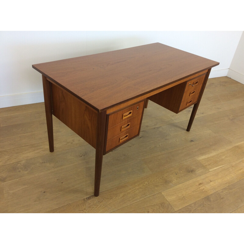 Vintage brown teak desk with 6 drawers 1960