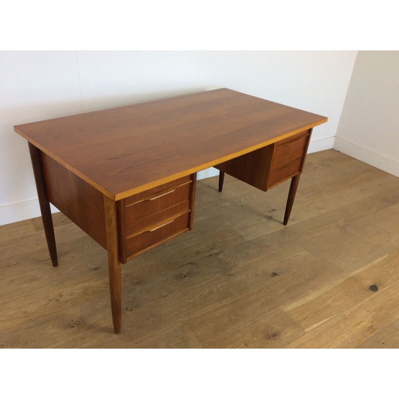 Vintage brown teak desk with twin drawers 1960