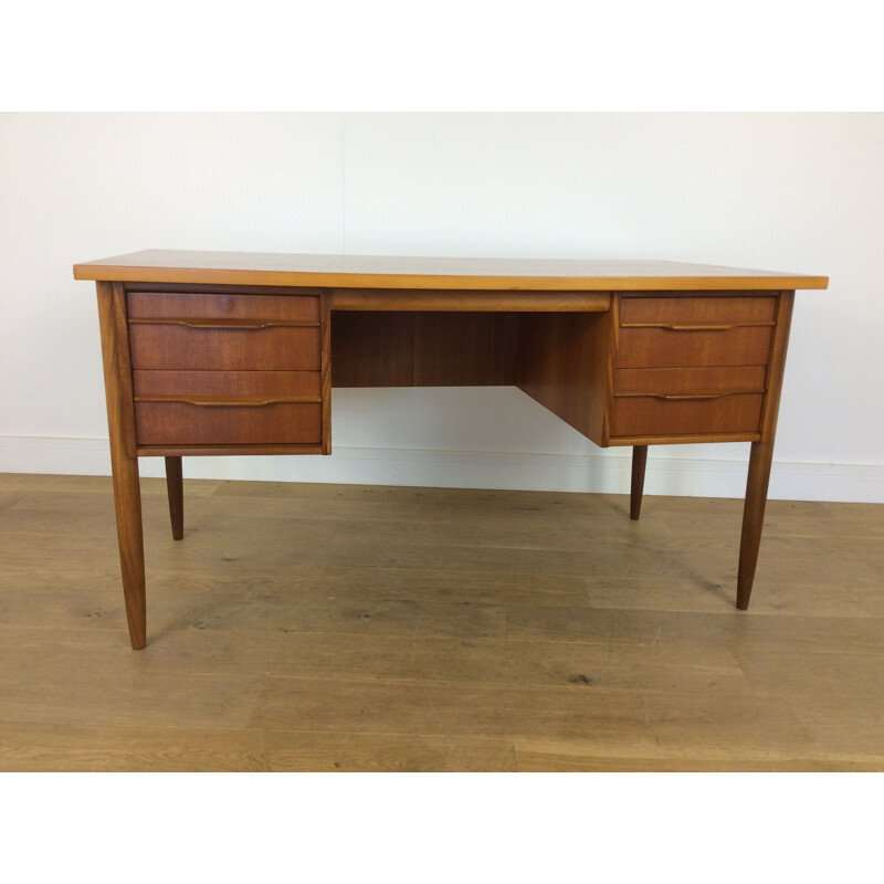 Vintage brown teak desk with twin drawers 1960