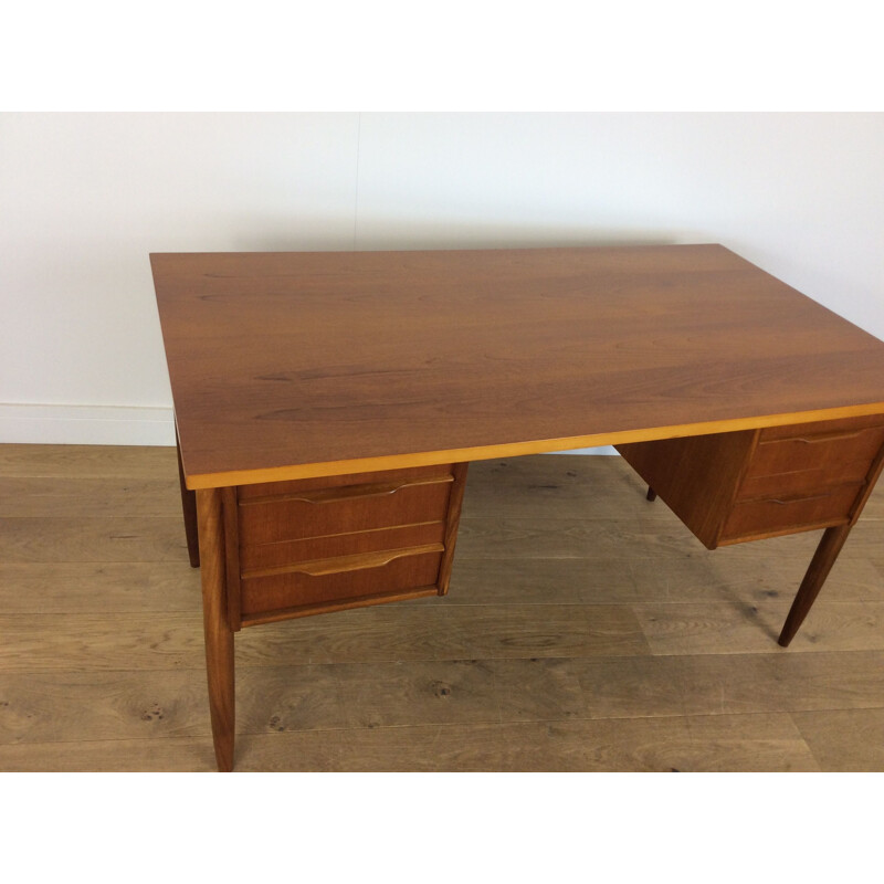 Vintage brown teak desk with twin drawers 1960