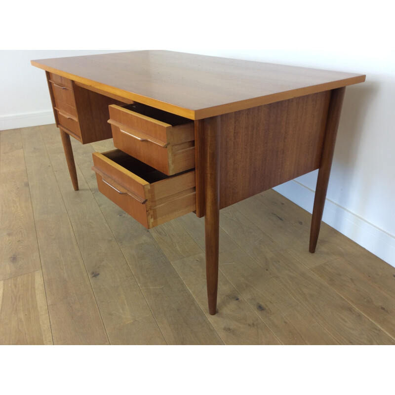 Vintage brown teak desk with twin drawers 1960