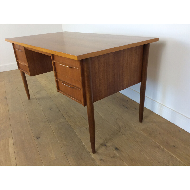 Vintage brown teak desk with twin drawers 1960