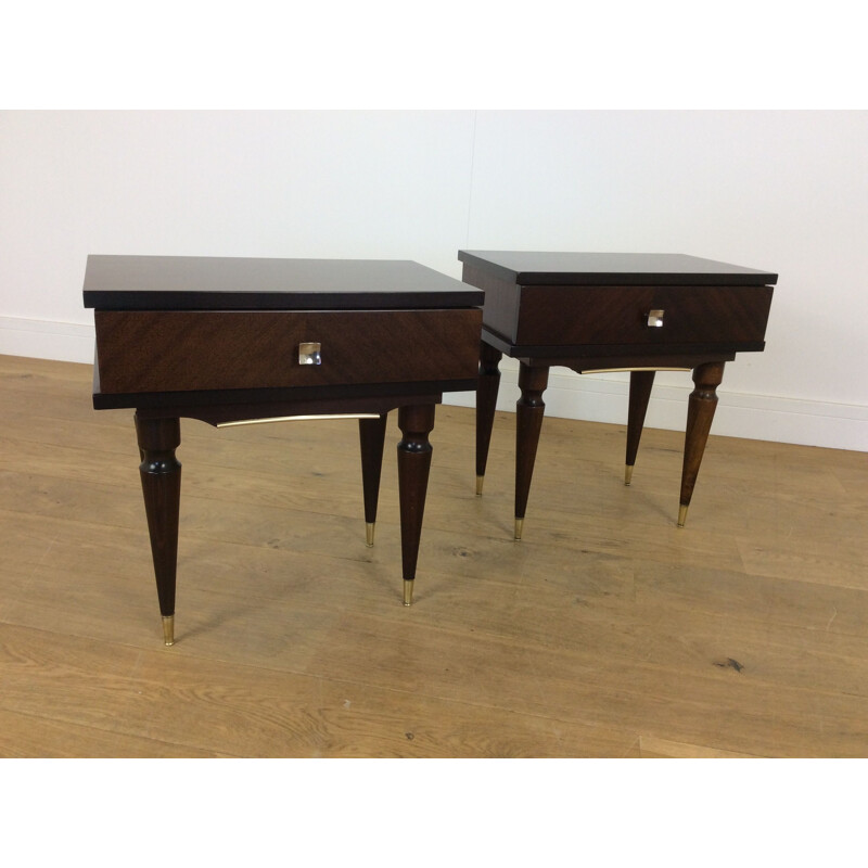 Pair of vintage mahogany and brass bedside tables, Italy 1960