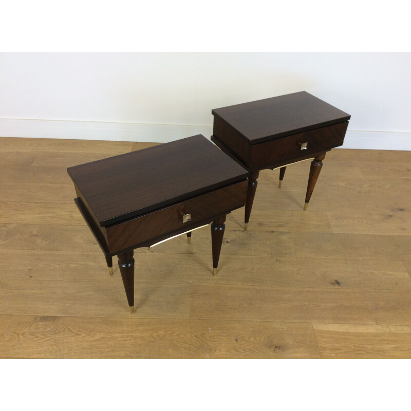 Pair of vintage mahogany and brass bedside tables, Italy 1960