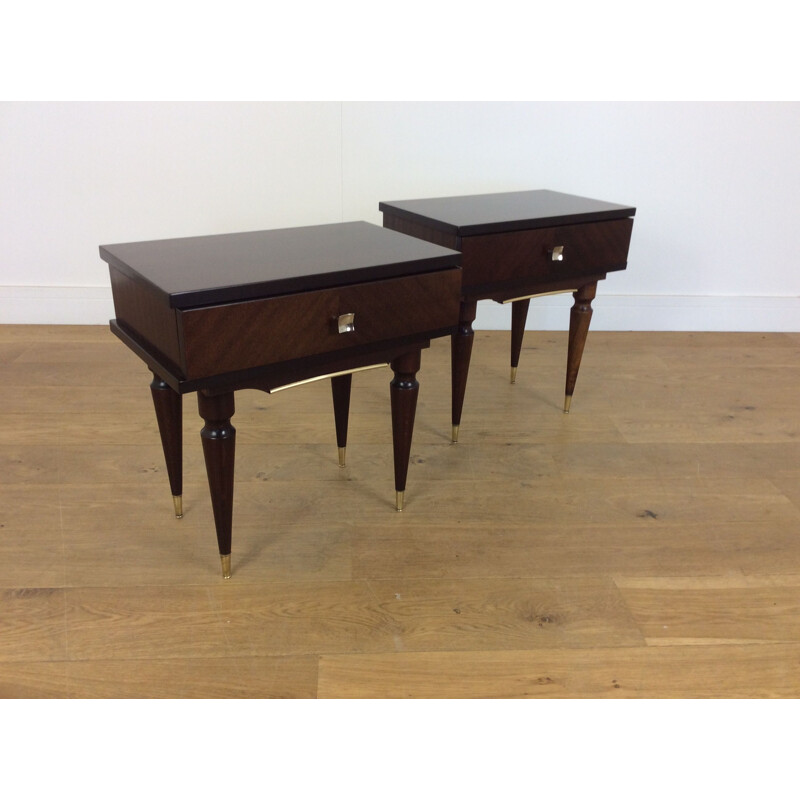 Pair of vintage mahogany and brass bedside tables, Italy 1960