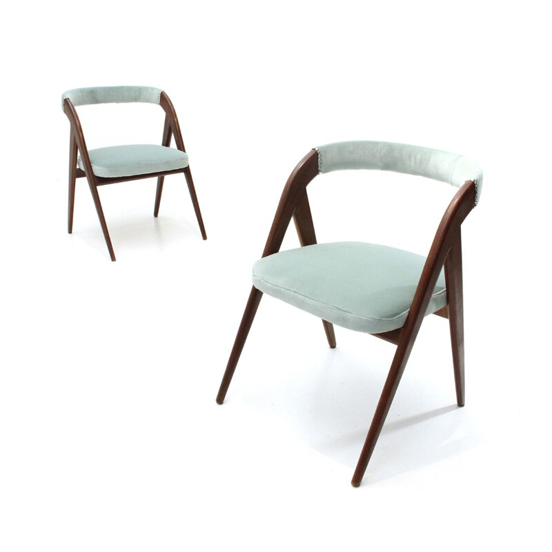 Suite de 2 chaises vintage italiennes en velours bleu azur