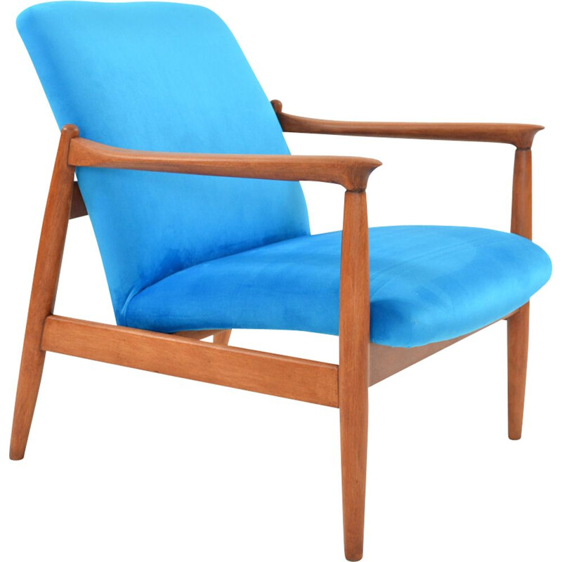 Vintage blue neon GMF armchair in velvet and wood 1960