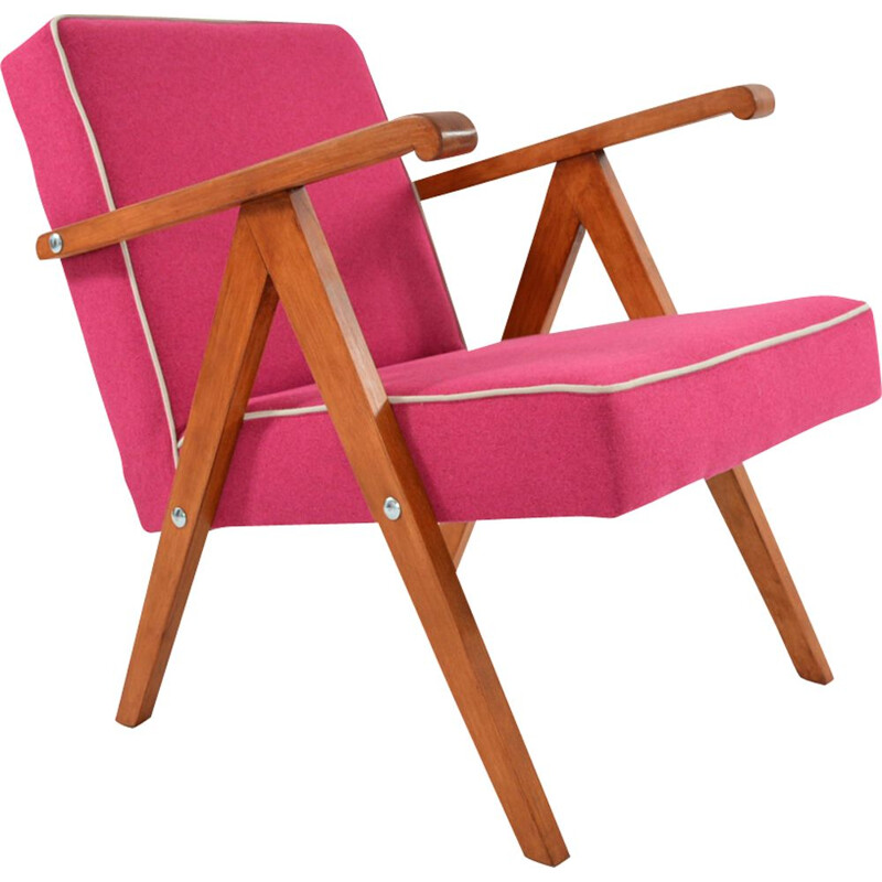 Vintage armchair in pink and white fabric and wood 1950