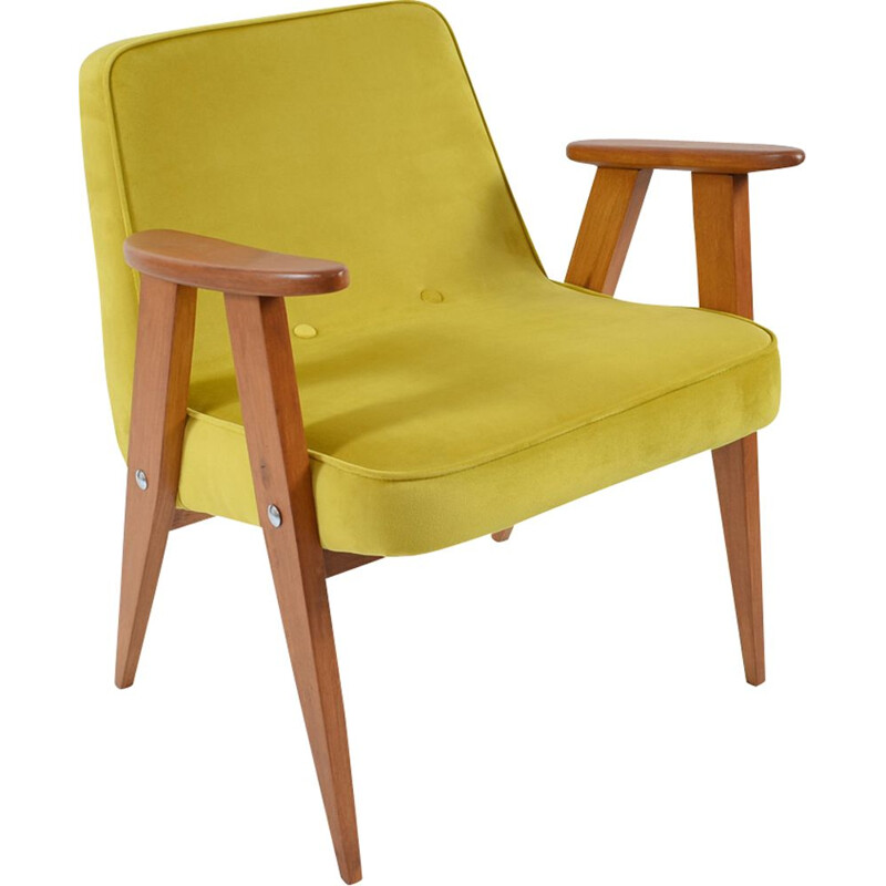 Vintage 366 J.Chierowski yellow velvet and wood armchair