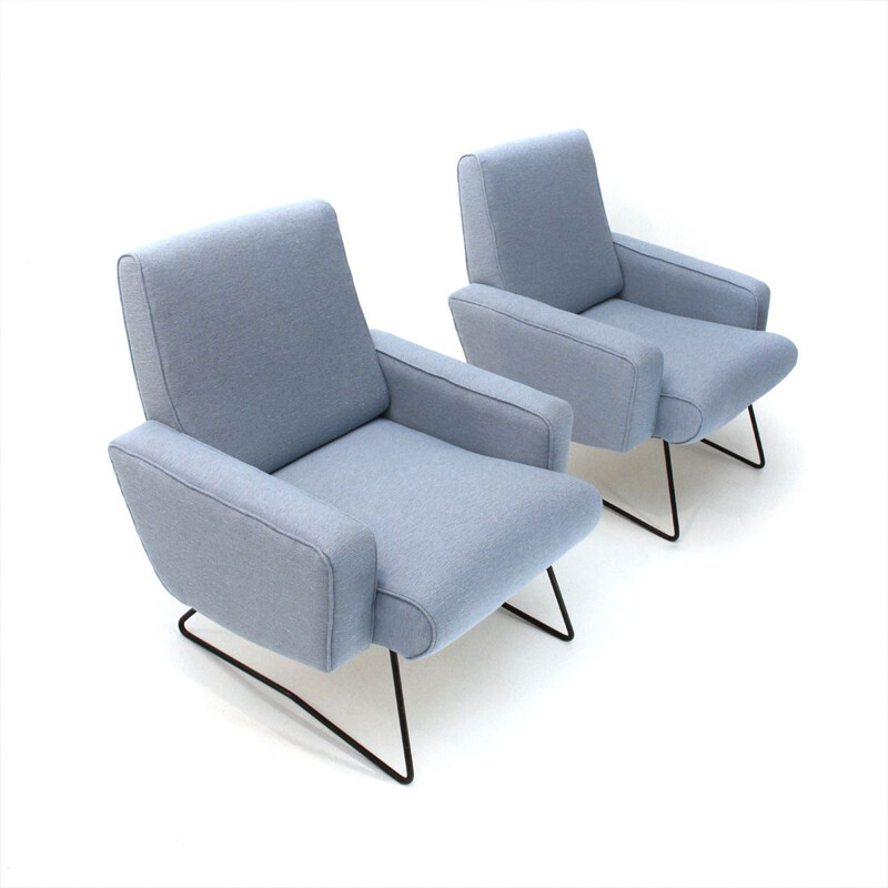Suite de 2 fauteuils italiens vintage en tissu bleu