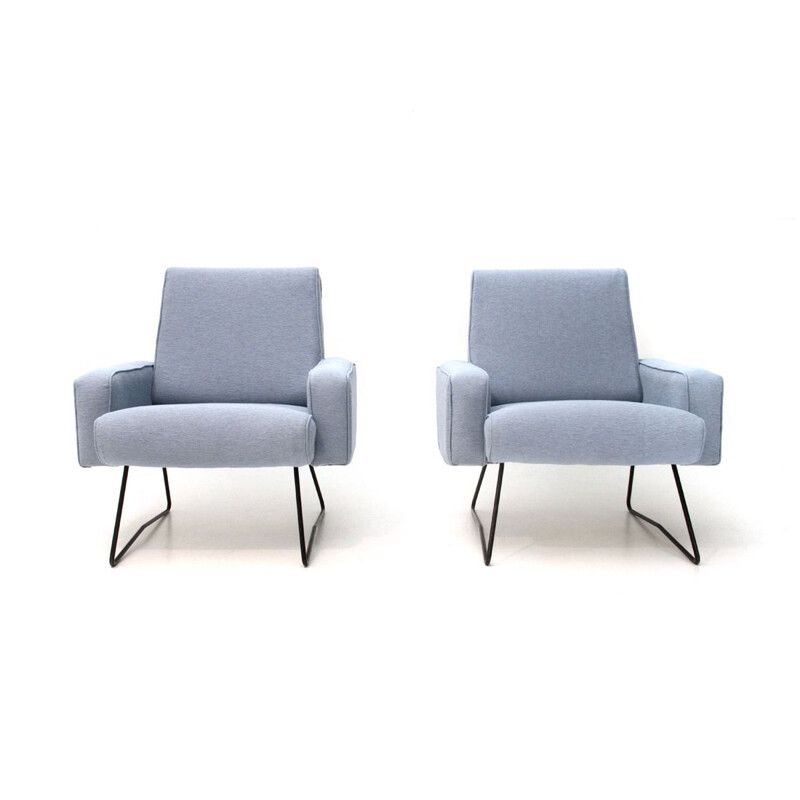Suite de 2 fauteuils italiens vintage en tissu bleu