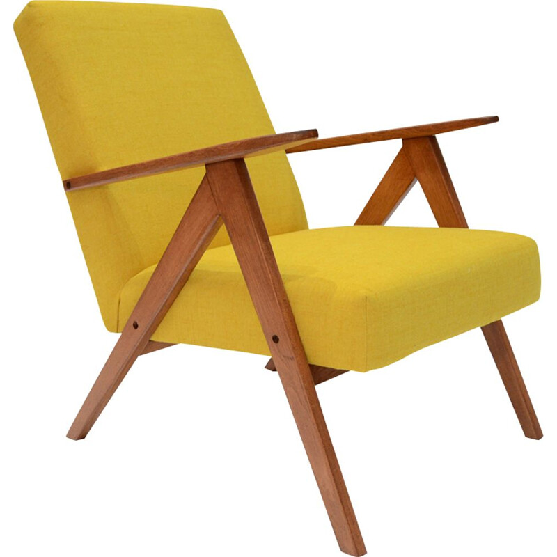 Vintage Kompas armchair in yellow fabric and wood 1950