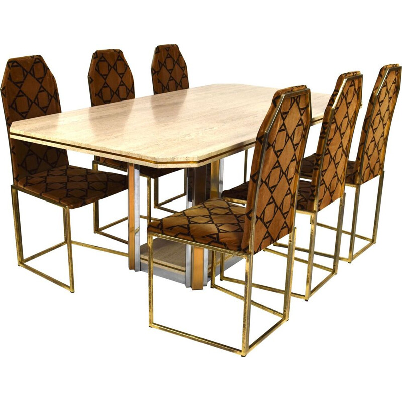 Vintage dining set in travertine and brass 1970