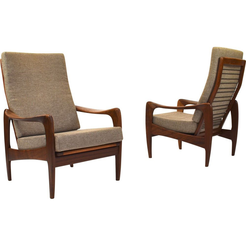 Pair of vintage De Ster Gelderland armchairs in teak and wool fabric