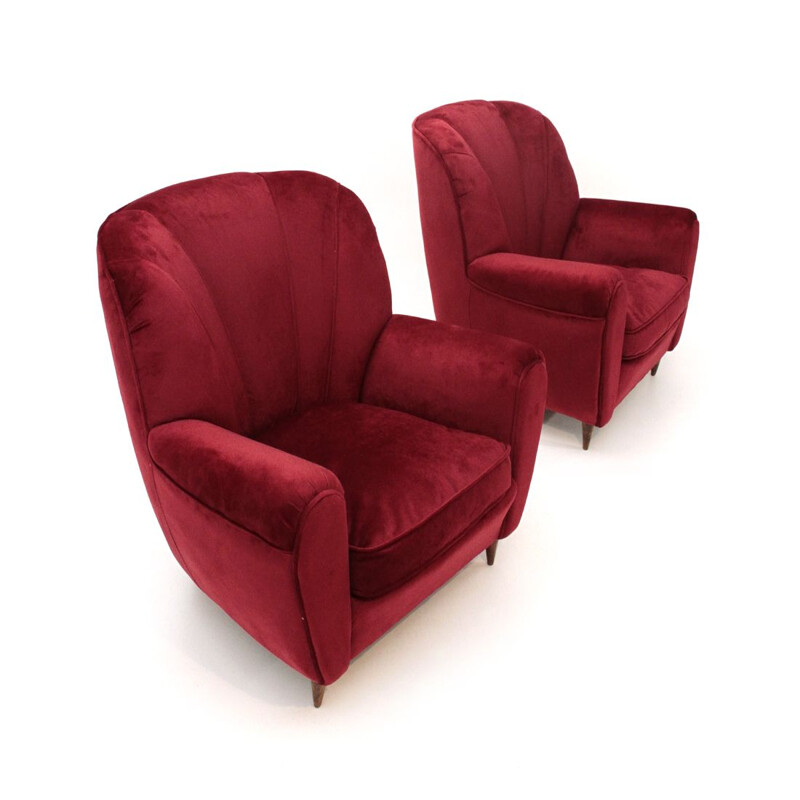 Set of 2 vintage Italian armchairs in red velvet