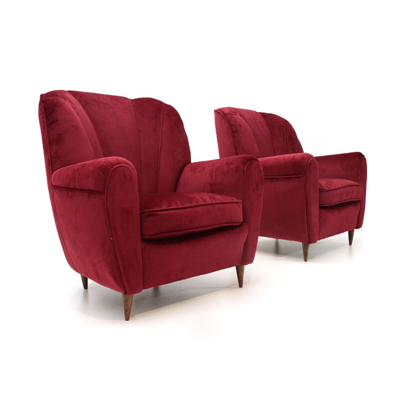 Set of 2 vintage Italian armchairs in red velvet