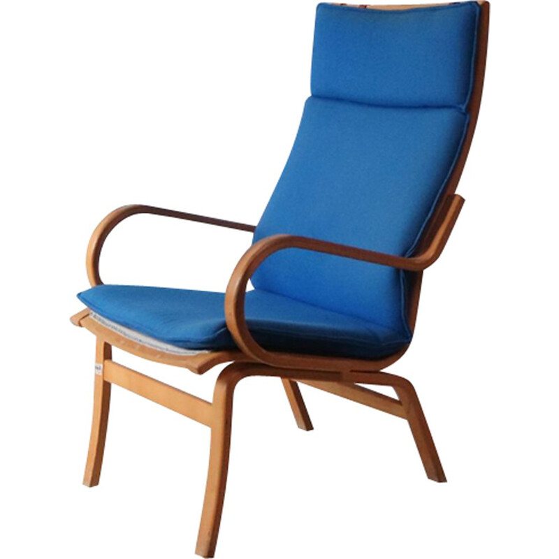 Vintage danish lounge chair with electric blue original upholstery 1970