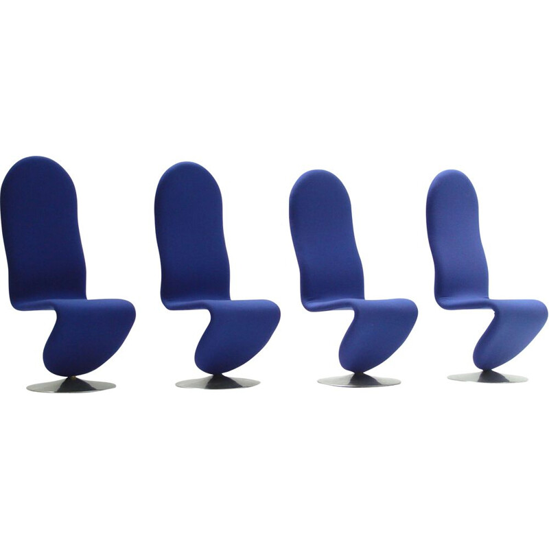 Set of 4 vintage 1-2-3 System Chairs by Verner Panton for Fritz Hansen in steel and blue fabric