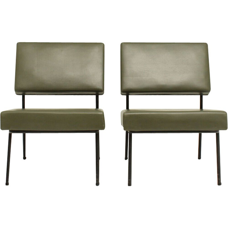 Pair of vintage easy chairs by Guariche for Airborne in metal and green vinyle