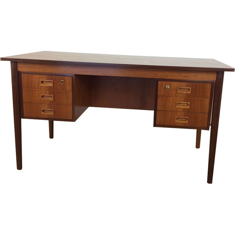 Vintage brown teak desk with 6 drawers 1960