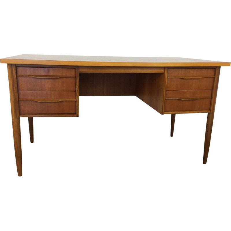 Vintage brown teak desk with twin drawers 1960