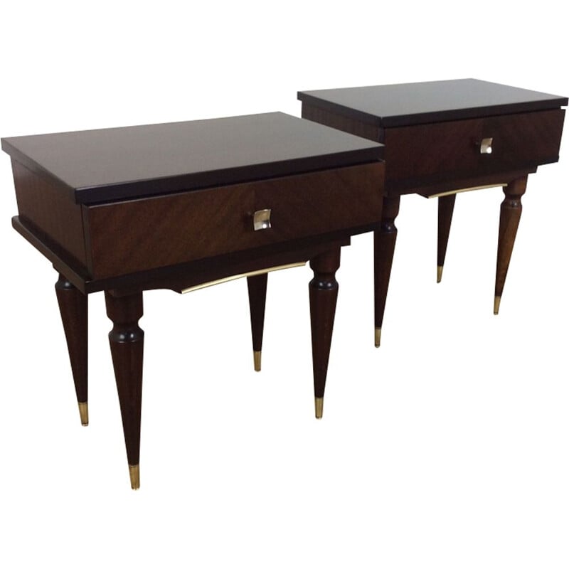 Pair of vintage mahogany and brass bedside tables, Italy 1960