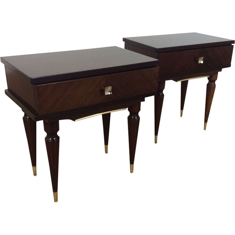 Set of 2 vintage Italian bedside tables in mahogany and brass 1960