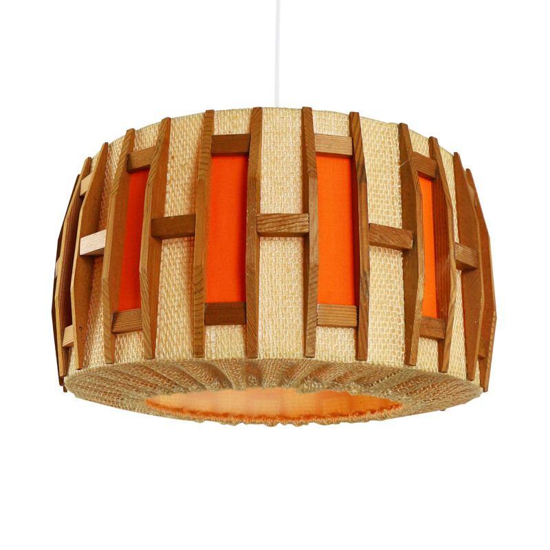 Vintage Scandinavian hanging lamp in wood and natural jute